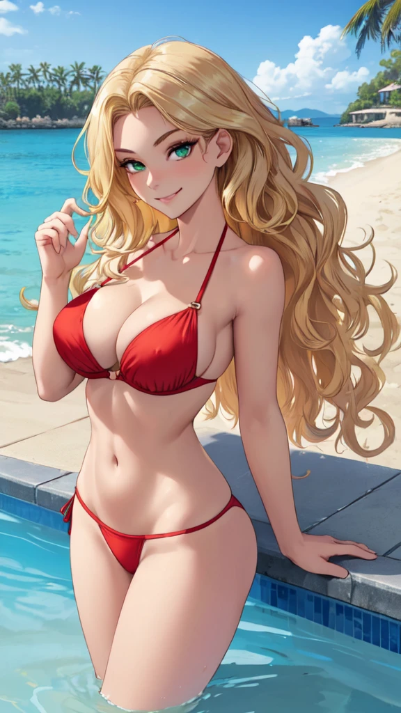 (8K, RAW photo, high quality, masterpiece: 1.2), High-definition RAW color photo, alone, (((young woman, gal))), (Sharp features), (small face), (high detail skin: 1.2), clavicle, cute face, beautiful appearance, long eyelashes, (rainbow hair, green eyes), ((have cleavage: 1.2)), (beautiful breasts:1.5), ((very detailed)), (thin:1.4), detailed eye, double eyelids, View with side eye, ((blonde, wavy hair)), thin body, ((smile:1.2, Upper eye usage)), big breasts, normal hip joint, green_eye, back shot, composition from above, (((:1.5, Seductive thighs))), staring eye, beautiful skin, shiny skin, perfect fingers, five fingers, anatomically correct, high quality, surreal, bright colors, ((very detailed, photo shoot)), 2 piece red color bikini, beach background, diving in the pool