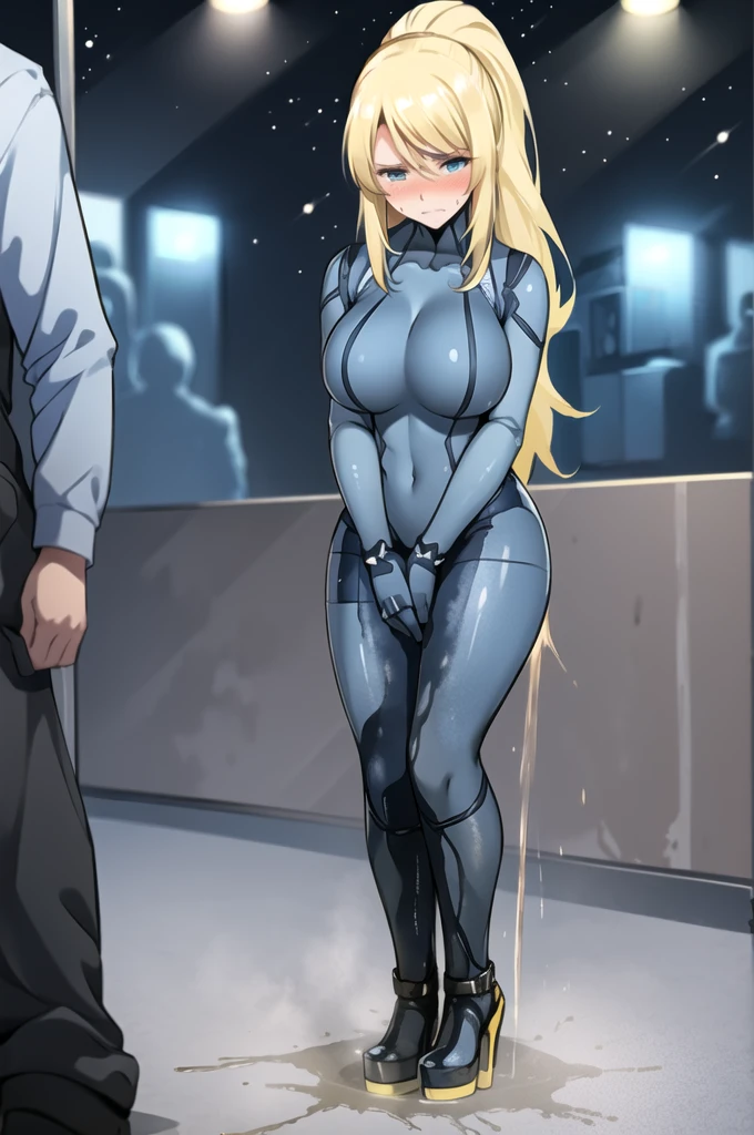samus aran, (facing viewer:1.25), ponytail, large breasts, hair tie, blue gloves, blue bodysuit, (full bodysuit:1.5), high heels, (standing straight:2.0), peeing herself, (wetting herself:1.5), very large peeing stain, huge pee stain, best quality, ultra-detailed, HDR, studio lighting, professional, vivid colors, sharp focus, physiologically-based rendering, bokeh, landscape, blue color palette, soft lighting, dynamic shadows, (hands on thighs:1.5), embarrassed, humiliation, blushing, angry, tears