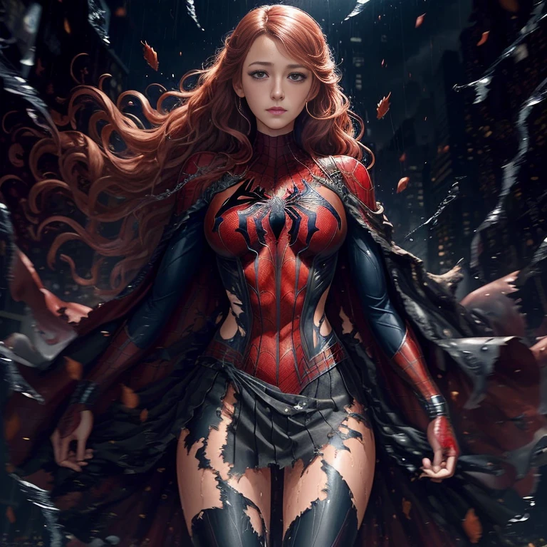 Blake Lively、マーベル・コミック映画のPoster, Very beautiful, Movies about Spiderman, sexy, whole body, I'm wearing a skirt、Premiere date, Poster、belly buttonを突き出す、new york、She&#39;s wearing a torn Spider-Man suit,The suit is torn、Wearing a skirt、 Red and black color scheme,dynamic、masterpiece、highest quality、Ultra-detailed、Very detailed、A delicate and beautiful shine、超A high resolution、Cinematic,Break,Breakdrop,(Torn clothes:1.5), (Wet clothes:1.4), Bare shoulders,Real Rain,Wet Hair,belly button、Exposing Skin、sexyな肩を見せてる