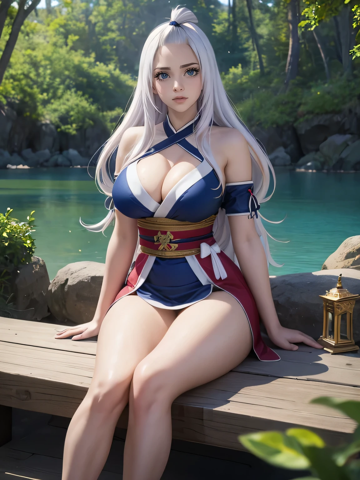 (masterpiece of the highest quality),8K ,ultra,Super Detail,A girl with long white hair sits on a pier next to a lake, Japanese goddess, seductive realistic girl, big breasts ,Beautiful, alluring ,goddess of correct anatomy, Beautiful anime woman, Beautiful girl, white-haired deity, Hyper realistic girl in real life, Photorealistic anime, realistic female cosplay, advanced digital realistic art, Japanese fantasy