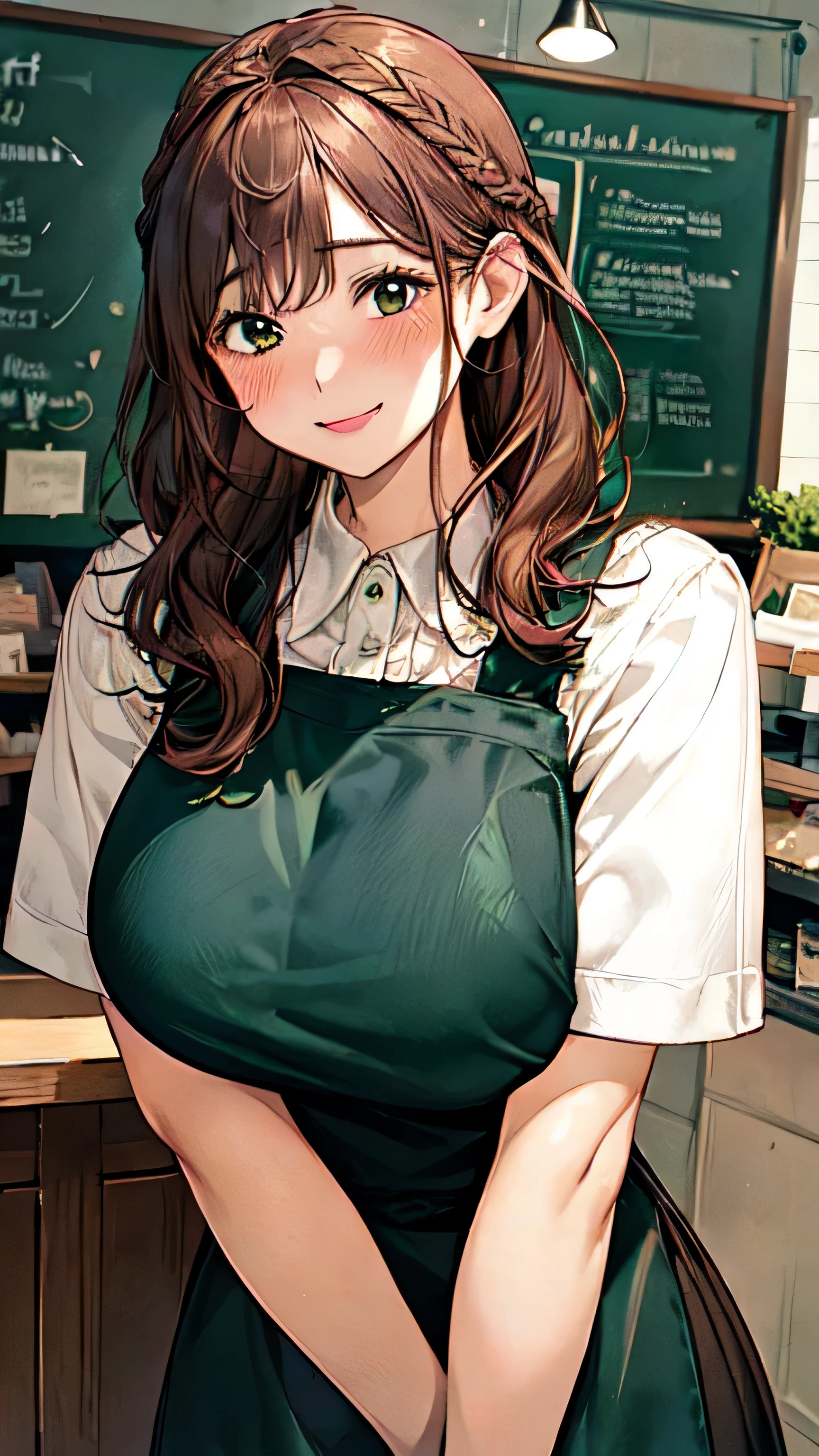 World of Pokémon、Sweaty busty florist embarrassed after losing a Pokémon battle lifts her apron to show her nipples、Green long skirt、front