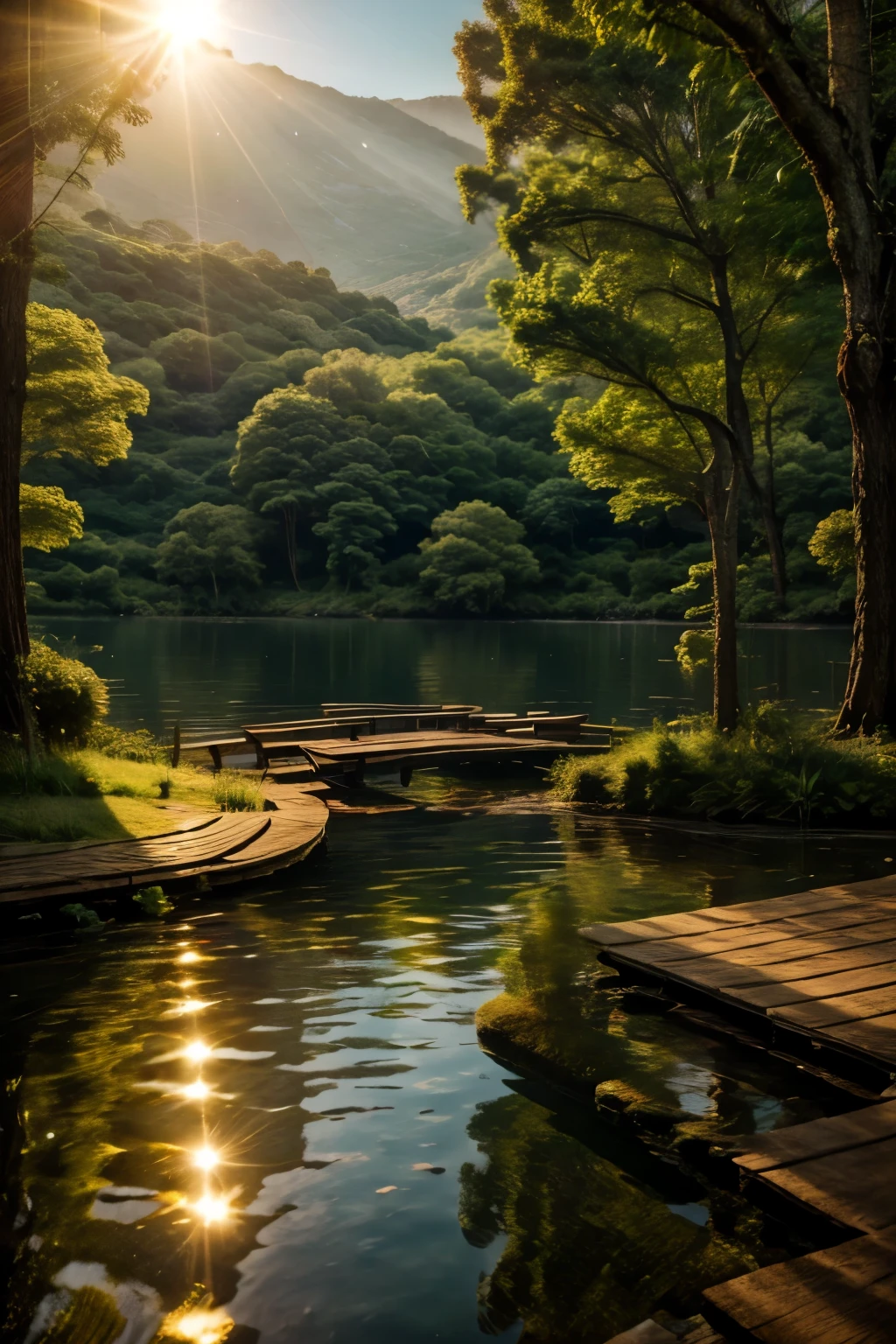 create image serene and inspiring scenery, natural florest, three, lake, sun, Zen  natural landscape, HDR