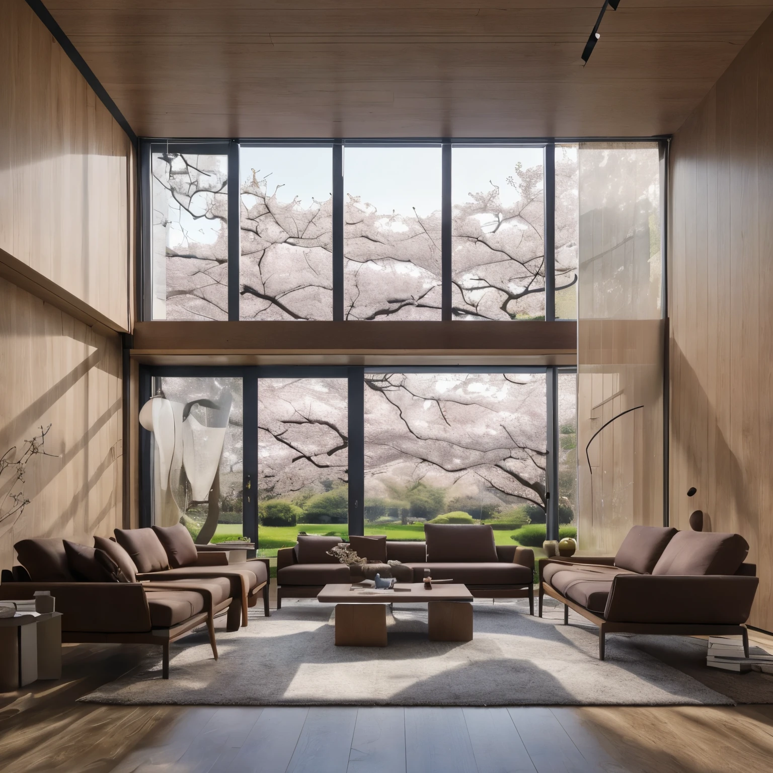 8k,32k,highest quality, Chair, sofa, plant, Cherry Blossom Scenery, Disorganized, composition, cup, interior, Floor-to-ceiling windows, Wooden floor, living room, Dark brown