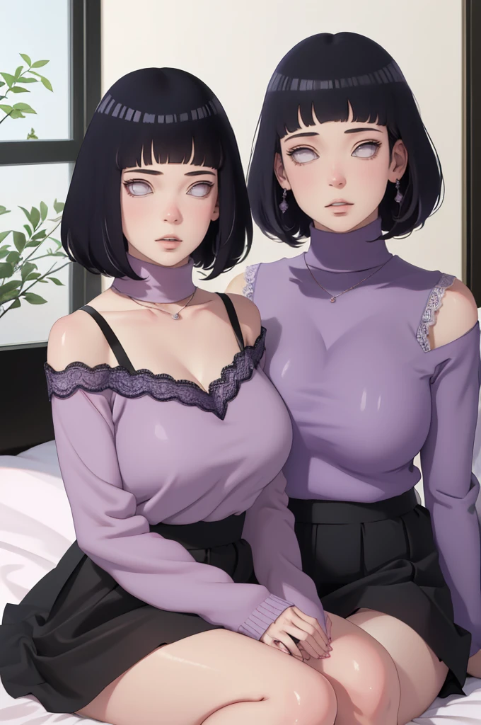 { - anatomy error} (Masterpiece - Ultra-detailed, very high resolution) (huge titusty, masterpiece, absurdres, hinata\(boruto\), 1girl, solo,mature female, off-shoulder bra, high waist black short skirt, looking at viewelling petals), perfect composition, detailed lips, big breast, beautiful face, body propotion, blush, (pink lips), short hair, (black hair), purple eyes, soft gaze, super realistic, detailed, photoshoot, realistic face and body, closed mouth, laying on the bed , lilac eyes, full body, lace clothes, with chin resting on shoulder, perfect fingers