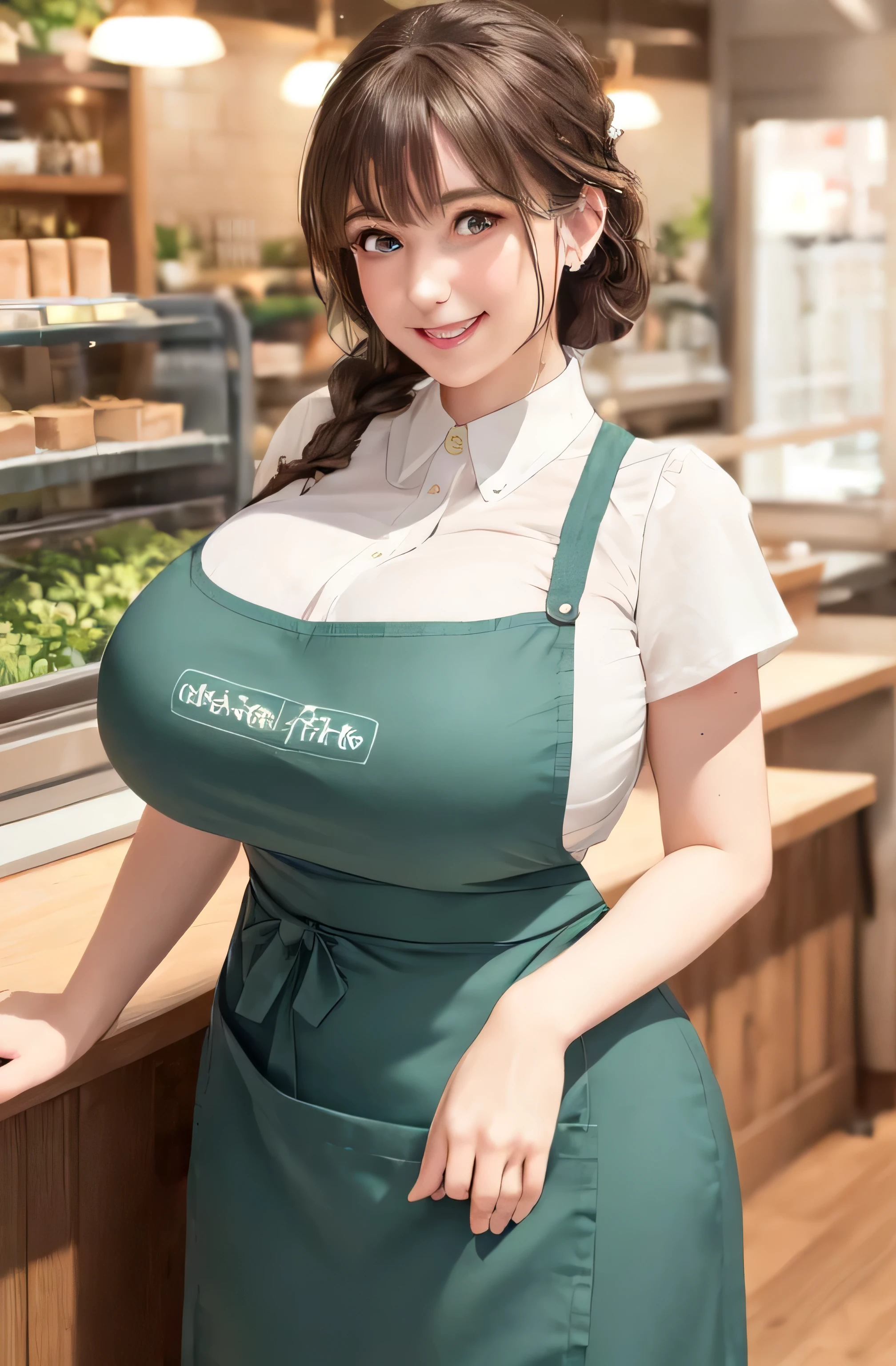 1lady solo, /(staff uniform/) /(deep green apron/), /(brown hair/) bangs, blush kind smile, (masterpiece best quality:1.2) delicate illustration ultra-detailed, large breasts BREAST, /(cafe shop/),braid