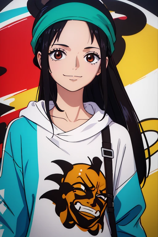 (best quality,4k,8k,highres,masterpiece:1.2), ultra-detailed, Animated, girl, mature face, long black hair, brown eyes, black hair, graffiti, girl graffer, durag, cool girl, flat, smile, mask, vivid colors