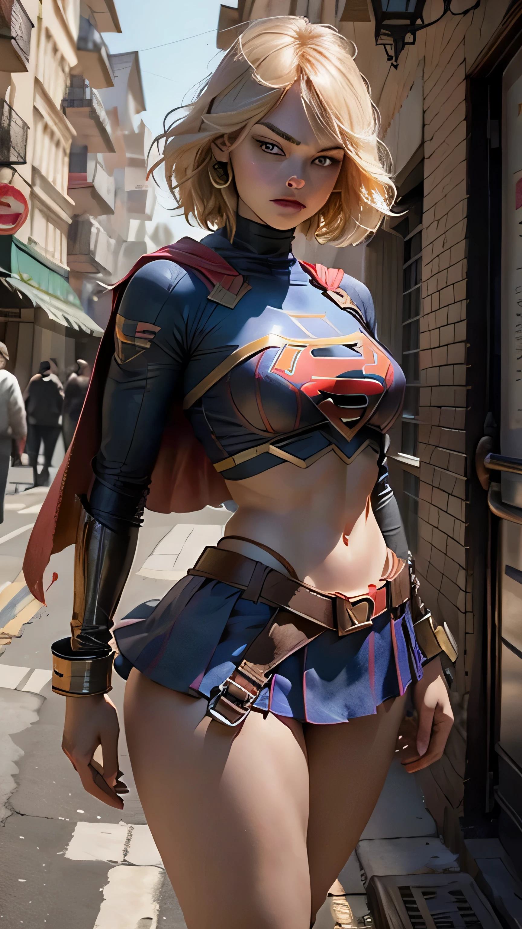 Hermosa mujer Emma Stone cabello corto cuerpo definido pechos grandes, usando cosplay de Supergirl, Flotante, pose heroica, cuerpo completo