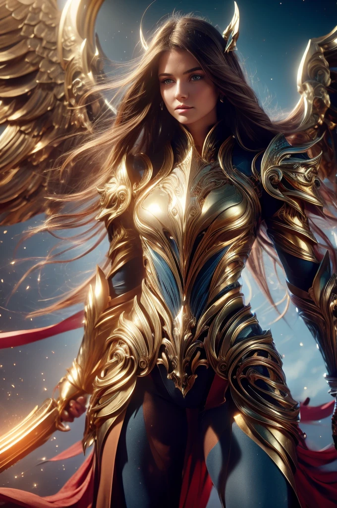 WINGED WOMAN, SAINT WOMAN, HUGE LONG HAIR, BROWN HAIR, HUGE BROWN FEATHERS, GOLD BODY ARMOUR, LONG BLUE BODYSUIT, PALE SKIN, BLUE EYES, LIGHTING EYES, ROSY CHEEKS, MENTAL FORAMEN, ATHLETIC BODY, LUMINOUS BODY AURA, MUSCLES, LIGHTING AURA, GOLD BRACELETS, GOLD GAUNTLETS, BACKLIGHTS, SUN, RIVER, SAINT WOMAN, SIDE BODY VIEW, ANGEL FROM HEAVEN