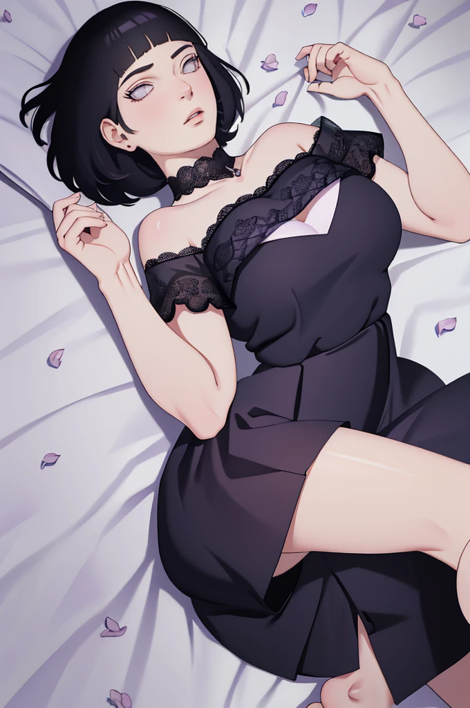 { - anatomy error} (Masterpiece - Ultra-detailed, very high resolution) (huge titusty, masterpiece, absurdres, hinata\(boruto\), 1girl, solo,mature female, off-shoulder bra, high waist black short skirt, looking at viewelling petals), perfect composition, detailed lips, big breast, beautiful face, body propotion, blush, (pink lips), short hair, (black hair), purple eyes, soft gaze, super realistic, detailed, photoshoot, realistic face and body, closed mouth, laying on the bed , lilac eyes, full body, lace clothes, with chin resting on shoulder, perfect fingers