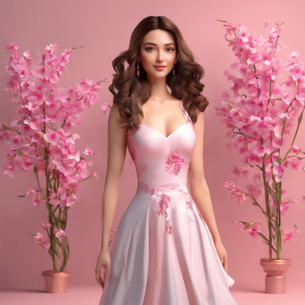 Mulher 3D cabelo ondulado curto preto olhos castanhos levemente puxados com oculos transparente redondo pequeno em pe de maquiagem brinco, bracelet and necklace wearing a beautiful white dress with pink on the skirt part of 3D pink orchid with beautiful scenery.