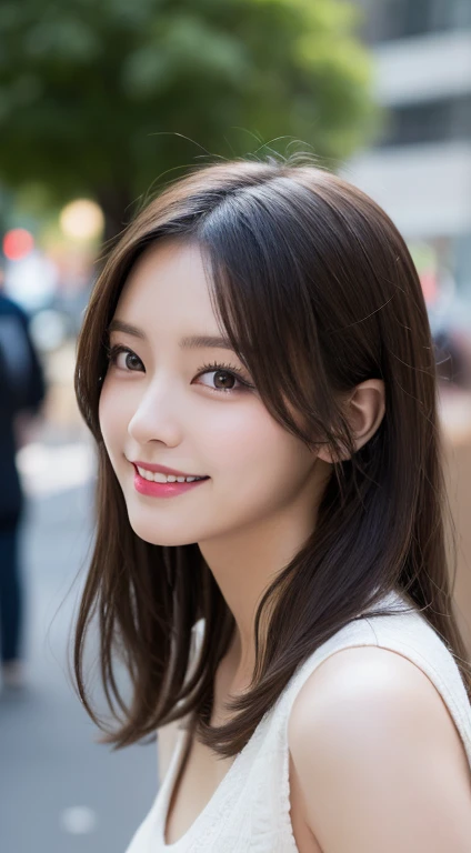 masutepiece, Best Quality, Illustration, Ultra-detailed, finely detail, hight resolution, 8K Wallpaper, Perfect dynamic composition, Beautiful detailed eyes, doress,Medium Hair, mid-chest, Natural Color Lip, Random and sexy poses,Smile,Aoyama Street Walk、20 years girl