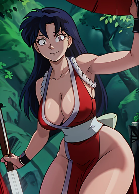 masterpiece, best quality, Kagome Higurashi, 25 years old, matured face, beautiful detailed eyes, ultra detailed eyes, extremely detailed face, large breasts, cleavage, very busty, big hips, strong muscles, athletic figure, She stands tall while wearing a red Kunoichi dress, pelvic curtain, arm guards and gloves. she's looking directly at the camera with an confident smirk. Her gaze is both alluring and fierce. Perfect Anatomy,(Professional Lighting), 4k textures, raw photo, epic artistic, photoreal art, sharp focus, even lighting, insane details, intricate details, hyperdetailed, rich colors,  BREAK Outdoors, the view of the green forest, Japanese architecture in the surroundings.
