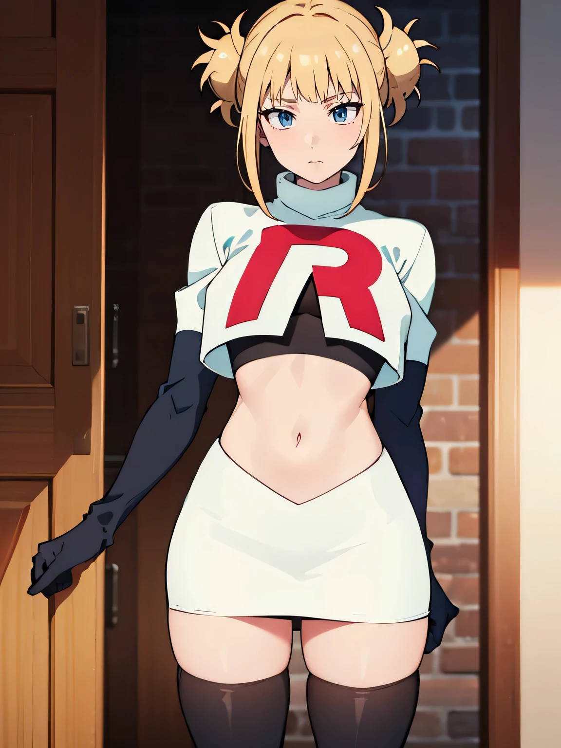 (best quality,4k,8k,highres,masterpiece:1.2),ultra-detailed,realistic,photorealistic:1.37, vibrant colors, studio lighting, bokeh, portrait,toga himiko,team rocket, team rocket uniform, red letter R, seductive smile, white skirt, white crop top, black thigh-high boots, black elbow gloves,zettai ryouiki