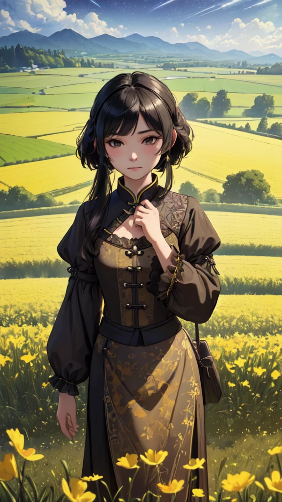 (Realisticity: 1.3), Fine, Quality, Rembrandt Lighting, (Masterpiece: 1.2), (Realisticity: 1.2), (Best Quality), (Skin Details: 1.3), (Intricate Detail), Dramatic, Idyllic, Ray Tracing, 1girl, Chinese Yellow Girl, Long Black Hair, 24 years old, Modern Clothing (Meadow, Sun, Clouds, Fields, Farms, Starlight, Trails)  