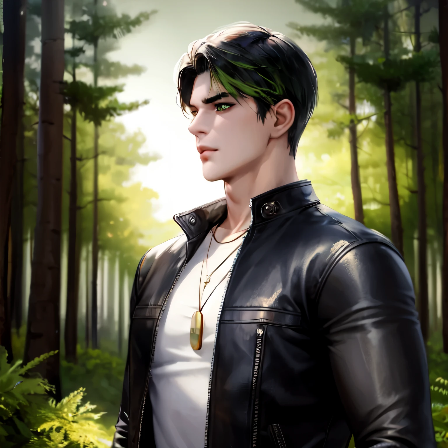 

1 man, solo, adult, mature, tall muscular guy, broad shoulders, handsome, very short hair, black hair, light green eyes, angular jaw, thick neck, bushy eyebrows, night, dark, night view of forest background, casual clothing, leather jacket, jeans, necklace with black pendant (realistic)
