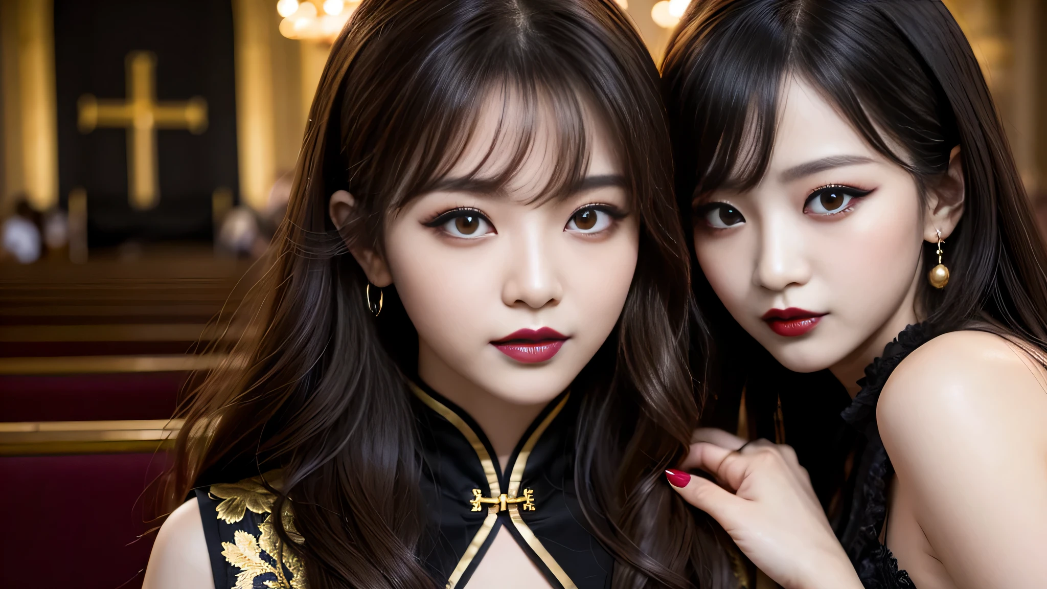 2girls、best quality、ultra-detailed、4k、Japanese、Seductive beauty、seductive adult woman、Pretty Woman、cool girl、Villainess、Brainwashed、brainwash、Fallen into evil、smirk、Evil look、Wicked Smile、evil、Brown hair、wavy hair、swept bangs、dark makeup、dark makeup、piercing eyes、hollow eyes,half-closed eyes、Hollow Eyes、Gold Eyeshadow、black lipstick、black lipglos、Black and Gold Long Cheongsam、night、inside church、Applying lipstick、