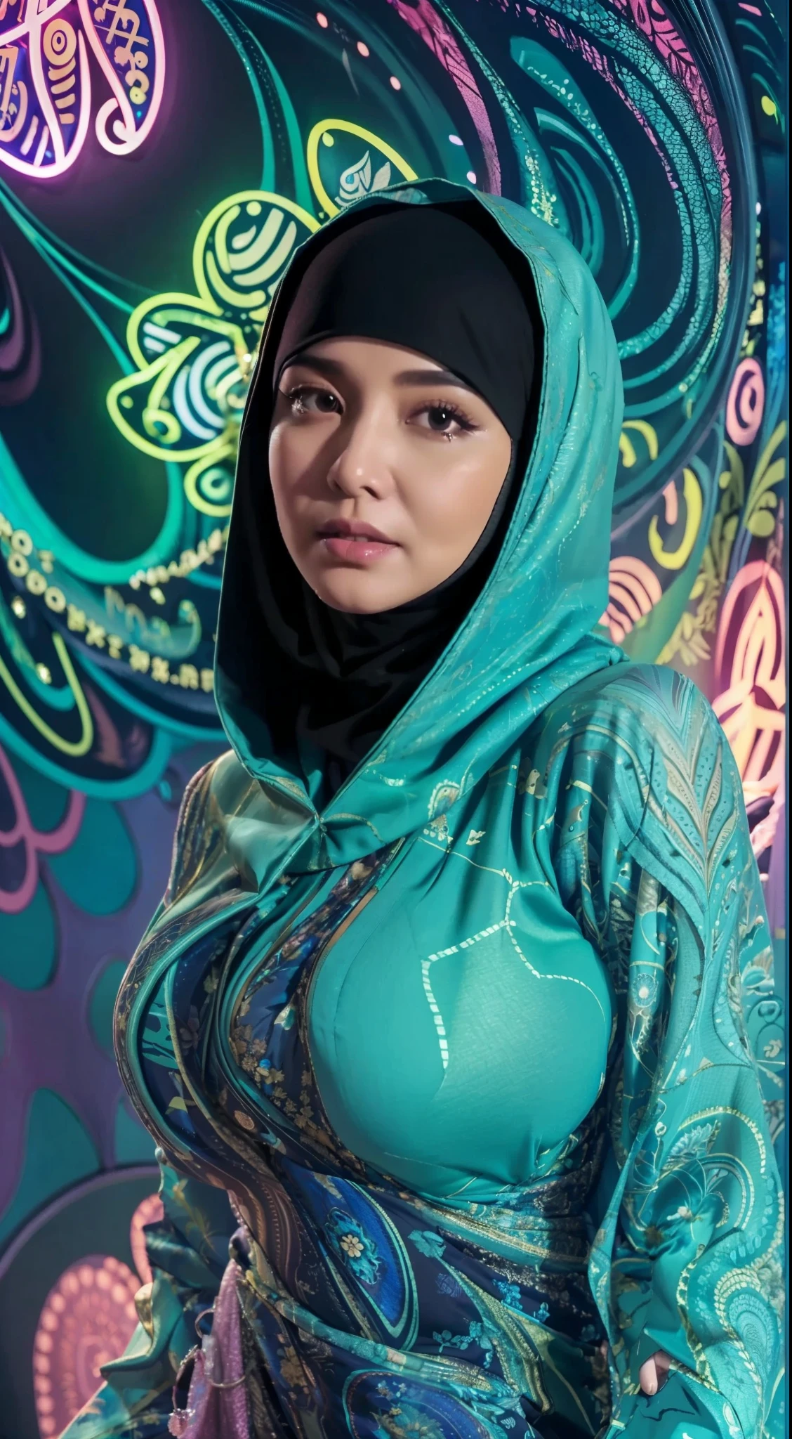 50 years Old, Hijab Indonesian mature woman, Big Tits : 66.9, Gamis, Breast out from her clothes : 1.9, at doctor office, Dark light, at Nighttime