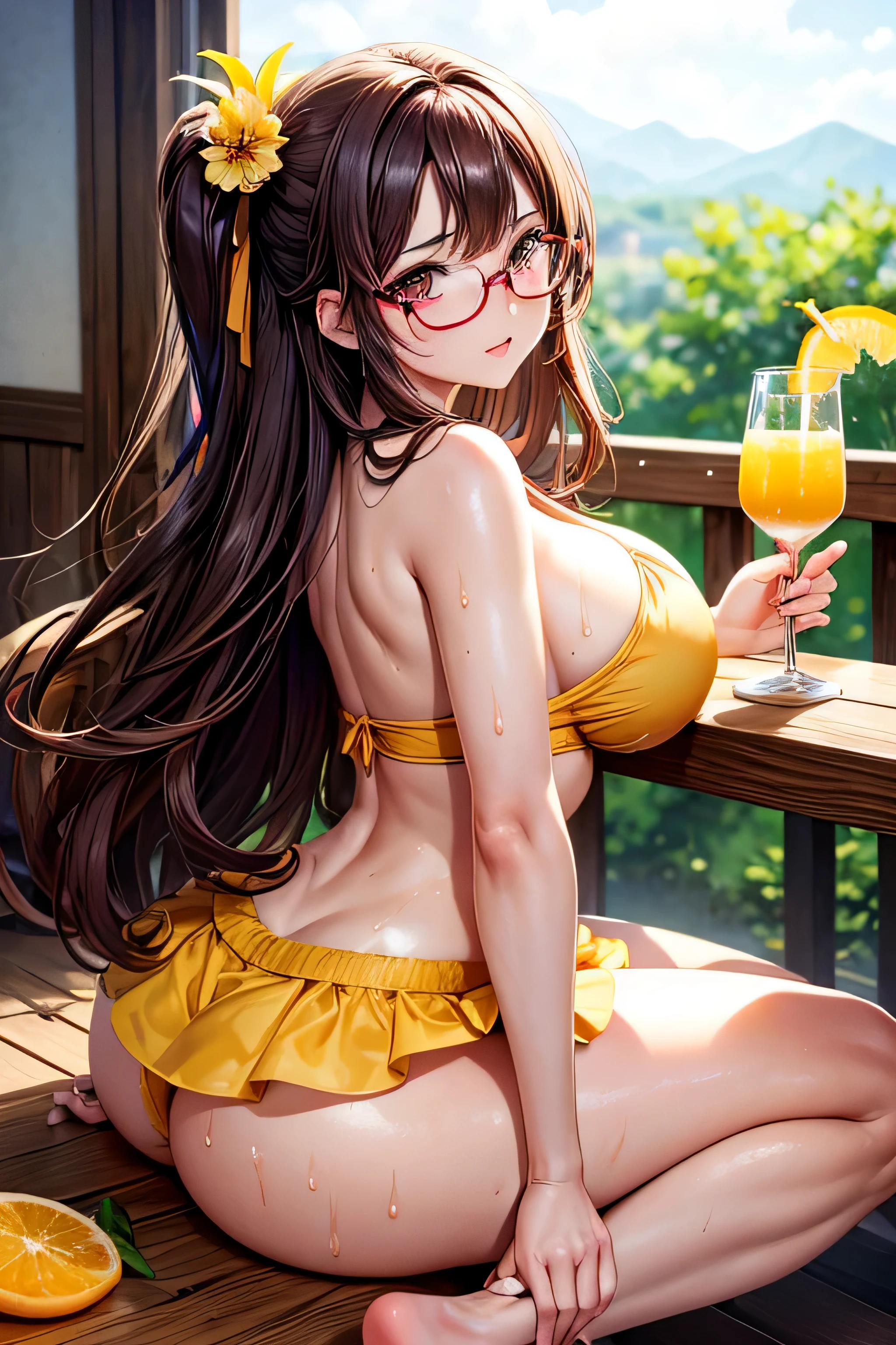 High resolution, high quality, 1 girl, Anime Girls, [[During pregnancy]],Brown long hair, Brown eyes, Pink Glasses,heart shaped pupils,Sunburned skin, Large Breasts,beautiful breasts,pointy breasts,(Big Ass),beautiful ass,Embarrassed,sundress,sweat,wet,sitting,open legs,cherryblossom,at cafe,(lemon juice),(orange juice),(Pineapple juice),(Mango juice),(water),