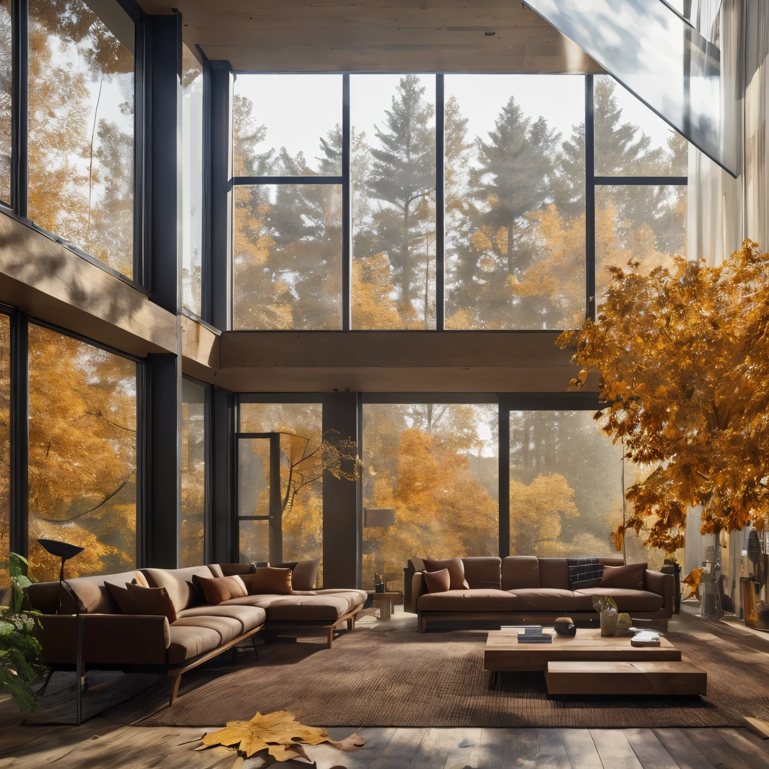 8k,32k,highest quality, Chair, sofa, plant, Autumn foliage scenery, , Disorganized, composition, cup, interior, Floor-to-ceiling windows, Wooden floor, living room, Dark brown