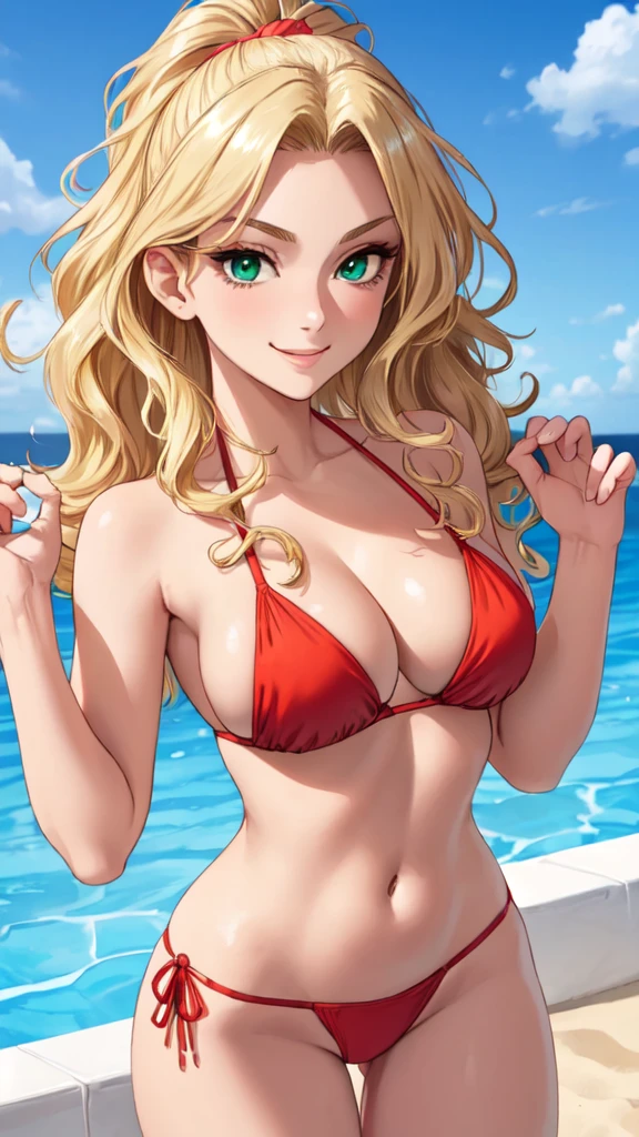 (8K, RAW photo, high quality, masterpiece: 1.2), High-definition RAW color photo, alone, (((young woman, gal))), (Sharp features), (small face), (high detail skin: 1.2), clavicle, cute face, beautiful appearance, long eyelashes, (green eyes), ((have cleavage: 1.2)), (beautiful breasts:1.5), ((very detailed)), (thin:1.4), detailed eye, double eyelids, View with side eye, ((blonde, wavy hair)), thin body, ((smile:1.2, Upper eye usage)), big breasts, normal hip joint, back shot, (((:1.5, Seductive thighs))), staring eye, beautiful skin, shiny skin, perfect fingers, five fingers, anatomically correct, high quality, surreal, bright colors, 2 piece red color bikini, beach background, diving in the pool