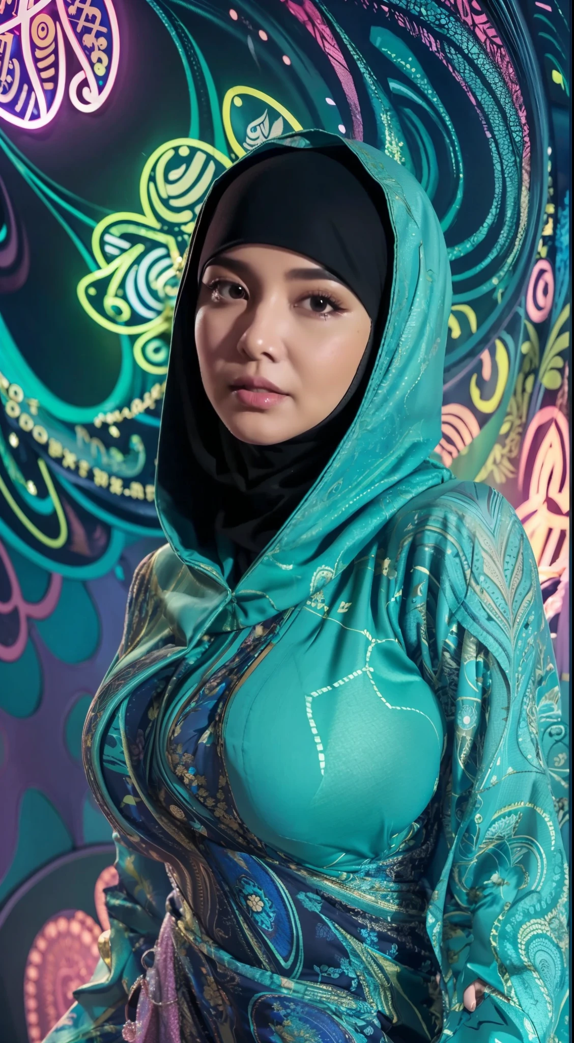 50 years Old, Hijab Indonesian mature woman, Big Tits : 66.9, Gamis, Breast out from her clothes : 1.9, at doctor office, Dark light, at Nighttime