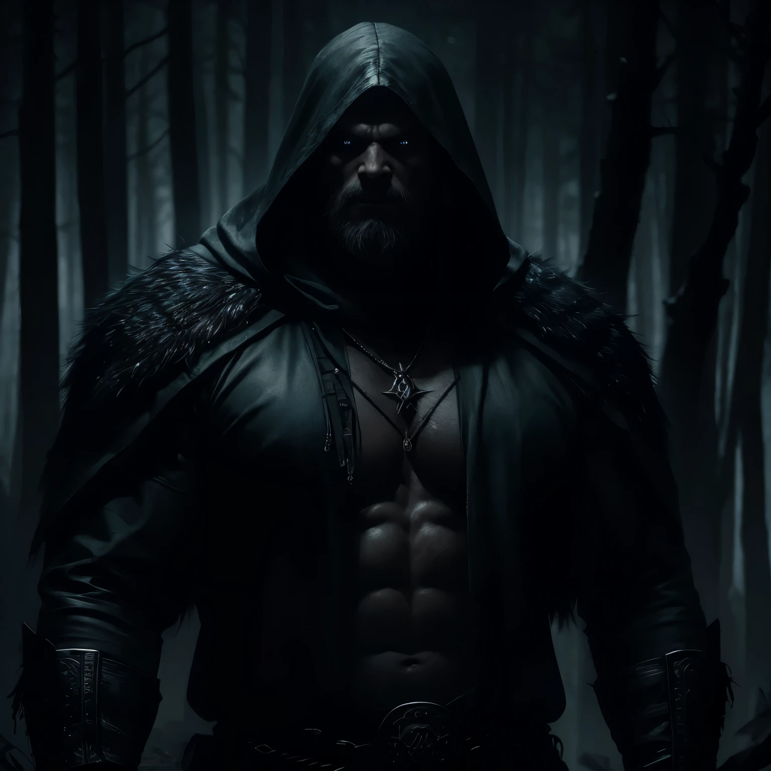 arafed big strong man in a hooded jacket standing in a dark forest, strong nordic viking, dark fantasy concept art, dark concept art, dark fantasy character design, dark cinematic concept art, the witcher concept art, beastman concept, photorealistic dark concept art, muscular werewolf, dark fantasy style art, berserker potrait, the allfather, tuomas korpi and wlop