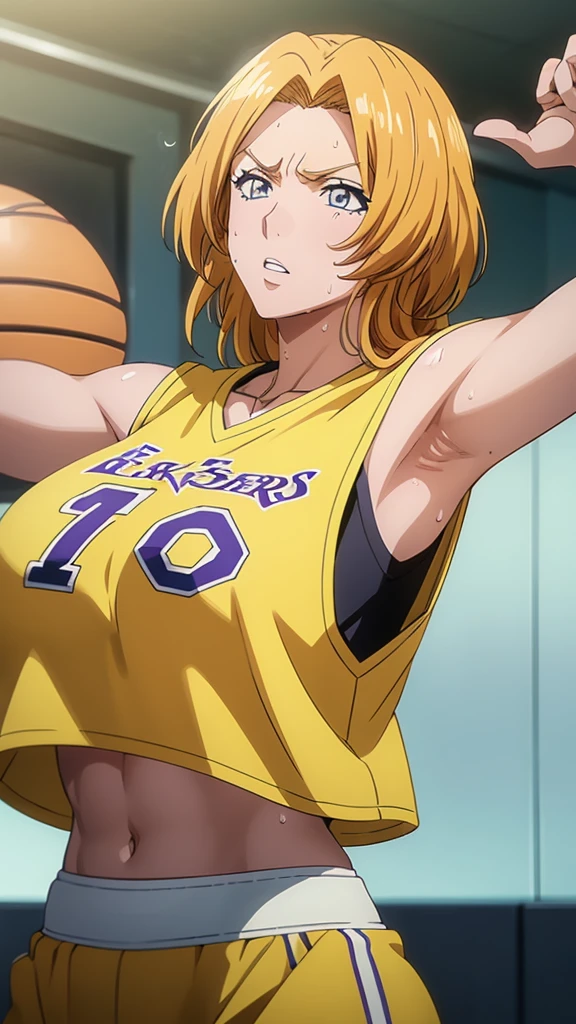 a close up of a person wearing a basketball uniform, a picture, inspired by Kentaro Miura, trending on pixiv, Rangiku Matsumoto, Bleach, wearing yellow nba jersey, yellow croptop nba jersey, wearing a low cut croptop, wearing croptop, croptop, the words "Lakers" written on the croptop, golden raito, (winking), shirobako, large)}], favorite scene, fine details. anime. skins, sweating, big breasts, both hands raised, armpits, armpits visible, dripping with sweat, more more sweat, sweaty armpits