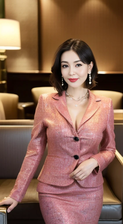 (8k, RAW Photos, highest quality, masterpiece:1.2),(pink tweed jacket),whole bodyのポートレート,Straight long black hair,Japanese,Smile,Big black eyes,Lip gloss,Necklace facing forward,Stand up straight with good posture,Stiletto heels,(D cup breasts),(Hotel lounge:1.5),(whole body:1.5),(Cute face:1.3),(High heels:1.3),(big hips 1.3),(Medium thighs:1.3),(Playful eyes:1.1),(Bright red lips:1.1),(Fine skin:1.3),(Accurate and perfect human anatomy:1.3),(Exquisite and perfect facial features:1.3), (Long eyelashes:1.3),(Bright red lips:1.3),(lips are shiny and、Textured:1.3),(Fine skin:1.3),(Earrings:1.3),(Beautiful fine details:1.1),(Natural color lip:1.1),(Graceful Face:1.3),Look straight at the camera:1.3