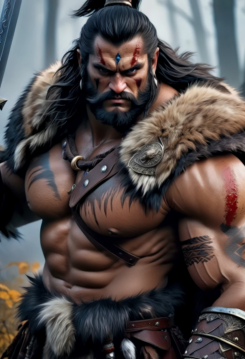 (best quality,4k,8k,highres,masterpiece:1.2),ultra-detailed,(realistic,photorealistic,photo-realistic:1.37),barbarian lord,swordmaster,fur clothes,furry shoulder covering,face paint,dark fantasy,portraits,detailed eyes,fierce expression,aggressive stance,giant sword,enchanted weapon,cracked armor,battle scars,cold weather, enchanted grove,eerie lighting,dramatic shadows,mysterious atmosphere,vivid colors,haunting background