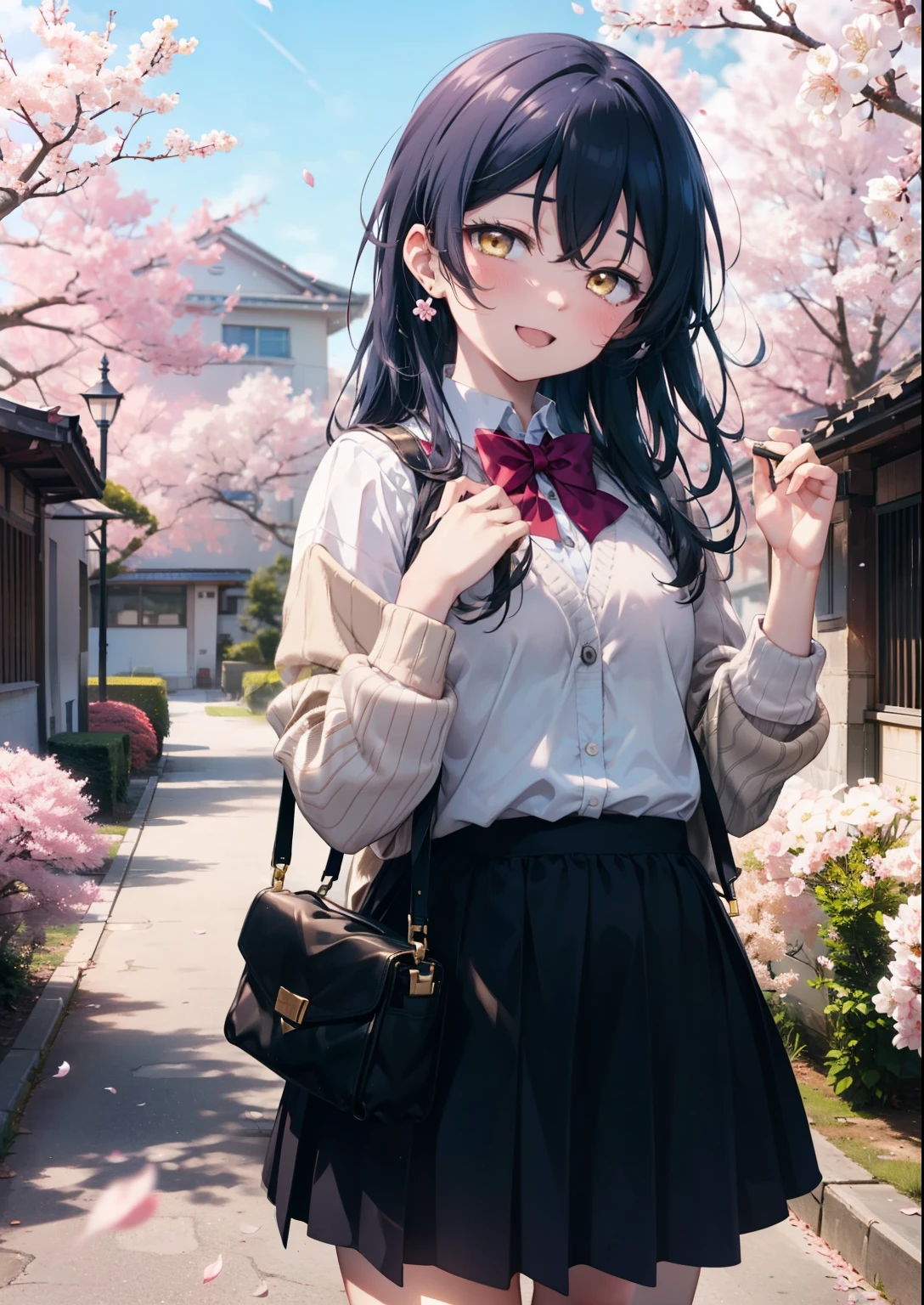 You are so kind, umi sonoda, Long Hair, Blue Hair, (Yellow Eyes:1.5) (Flat Chest:1.2),happy smile, smile, Open your mouth,Rocket Pendant,
sweater,Long skirt,Mini Boots,Cherry blossoms are blooming,Cherry blossoms are scattered,Cherry blossom tree-lined path,happy smile, smile, Open your mouth,So that the whole body goes into the illustration,smile,blush, break looking at viewer, (Cowboy Shot:1. 5) break outdoors, School School building, break (masterpiece:1.2), highest quality, High resolution, unity 8k wallpaper, (figure:0.8), (Detailed and beautiful eyes:1.6), Highly detailed face, Perfect lighting, Extremely detailed CG, (Perfect hands, Perfect Anatomy),