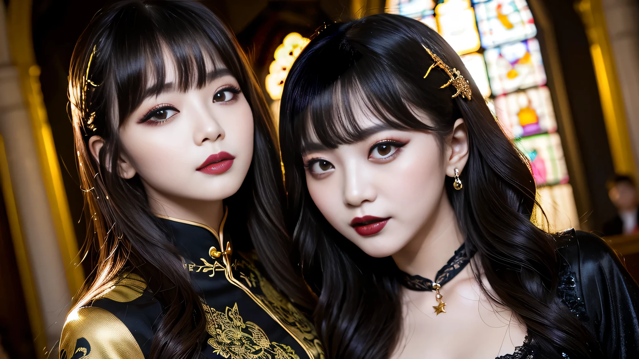 best quality、ultra-detailed、4k、Japanese、Seductive beauty、seductive adult woman、Pretty Woman、cool girl、Villainess、Brainwashed、brainwash、Fallen into evil、smirk、Evil look、Wicked Smile、evil、Brown hair、wavy hair、swept bangs、dark makeup、dark makeup、piercing eyes、hollow eyes,half-closed eyes、Hollow Eyes、Gold Eyeshadow、black lipstick、black lipglos、Black and Gold Long Cheongsam、night、inside church、Applying lipstick