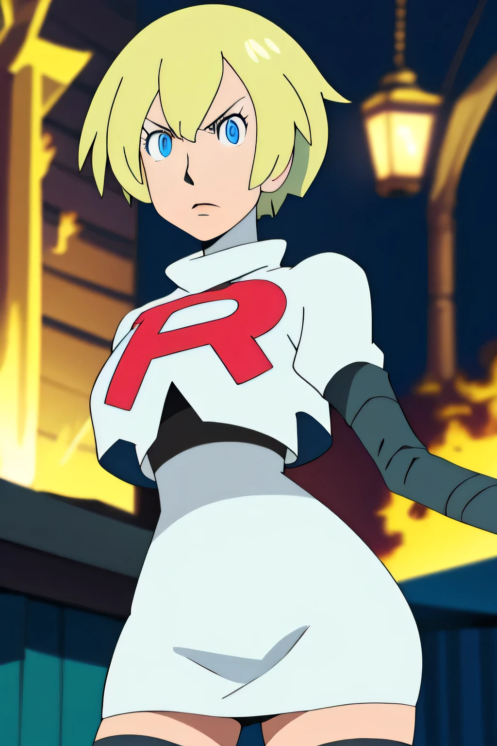 (best quality,4k,8k,highres,masterpiece:1.2),ultra-detailed,realistic,photorealistic:1.37, vibrant colors, studio lighting, bokeh, portrait,team rocket, team rocket uniform, red letter R,white skirt, white crop top, black thigh-high boots, black elbow gloves,zettai ryouiki glaring angrily,anime style, vivid colors, sharp focus, intense lighting,Persona3Aigis,blond hair, blue eyes