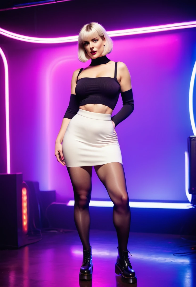 (full body photo:1.3), solo, (from below)1.2, (stylish bob haircut) (huge natural breasts)1.3, (futuristic, nightclub, neon light), (standing pose), (black tights and white wool socks)1.3, (pink tube-top) (purple tight mini skirt)1.2, (black tights and white wool socks)1.3 (Dr Martens boots)1.2, (wide hips, curvy, (thick thighs) (muscular legs))1.2, intricate detail, ((random ethnicity from Europe and America) amazing mature hot female)1.2 posh, (environmental portrait), perfect eyes, looking at viewer