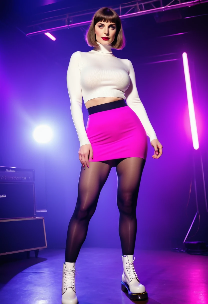 (full body photo:1.3), solo, (from below)1.2, (stylish bob haircut) (huge natural breasts)1.3, (futuristic, nightclub, neon light), (standing pose), (black tights and white wool socks)1.3, (pink tube-top) (purple tight mini skirt)1.2, (black tights and white wool socks)1.3 (Dr Martens boots)1.2, (wide hips, curvy, (thick thighs) (muscular legs))1.2, intricate detail, ((random ethnicity from Europe and America) amazing mature hot female)1.2 posh, (environmental portrait), perfect eyes, looking at viewer