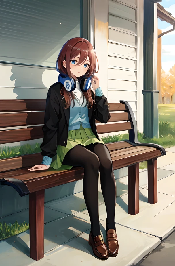 (Masterpiece, high quality:1.2), nm1, headphones around neck, long sleeves, blue cardigan, green skirt, pantyhose, black jacket, open jacket, brown loafer, look at viewer, sit bench, 8k