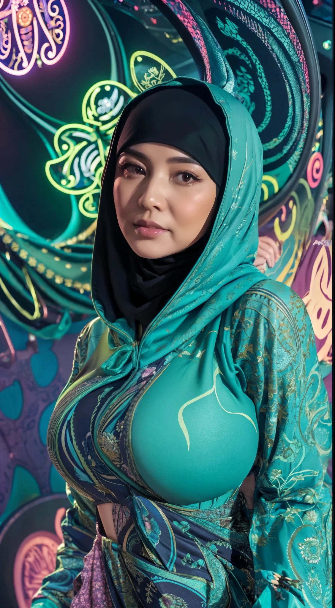 50 years Old, Hijab Indonesian mature woman, Big Tits : 66.9, Gamis, Breast out from her clothes : 1.9, at doctor office, Dark light, at Nighttime