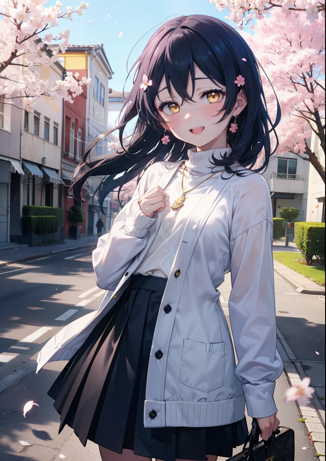 You are so kind, umi sonoda, Long Hair, Blue Hair, (Yellow Eyes:1.5) (Flat Chest:1.2),happy smile, smile, Open your mouth,Rocket Pendant,
sweater,Long skirt,Mini Boots,Cherry blossoms are blooming,Cherry blossoms are scattered,Cherry blossom tree-lined path,happy smile, smile, Open your mouth,So that the whole body goes into the illustration,smile,blush, break looking at viewer, (Cowboy Shot:1. 5) break outdoors, School School building, break (masterpiece:1.2), highest quality, High resolution, unity 8k wallpaper, (figure:0.8), (Detailed and beautiful eyes:1.6), Highly detailed face, Perfect lighting, Extremely detailed CG, (Perfect hands, Perfect Anatomy),