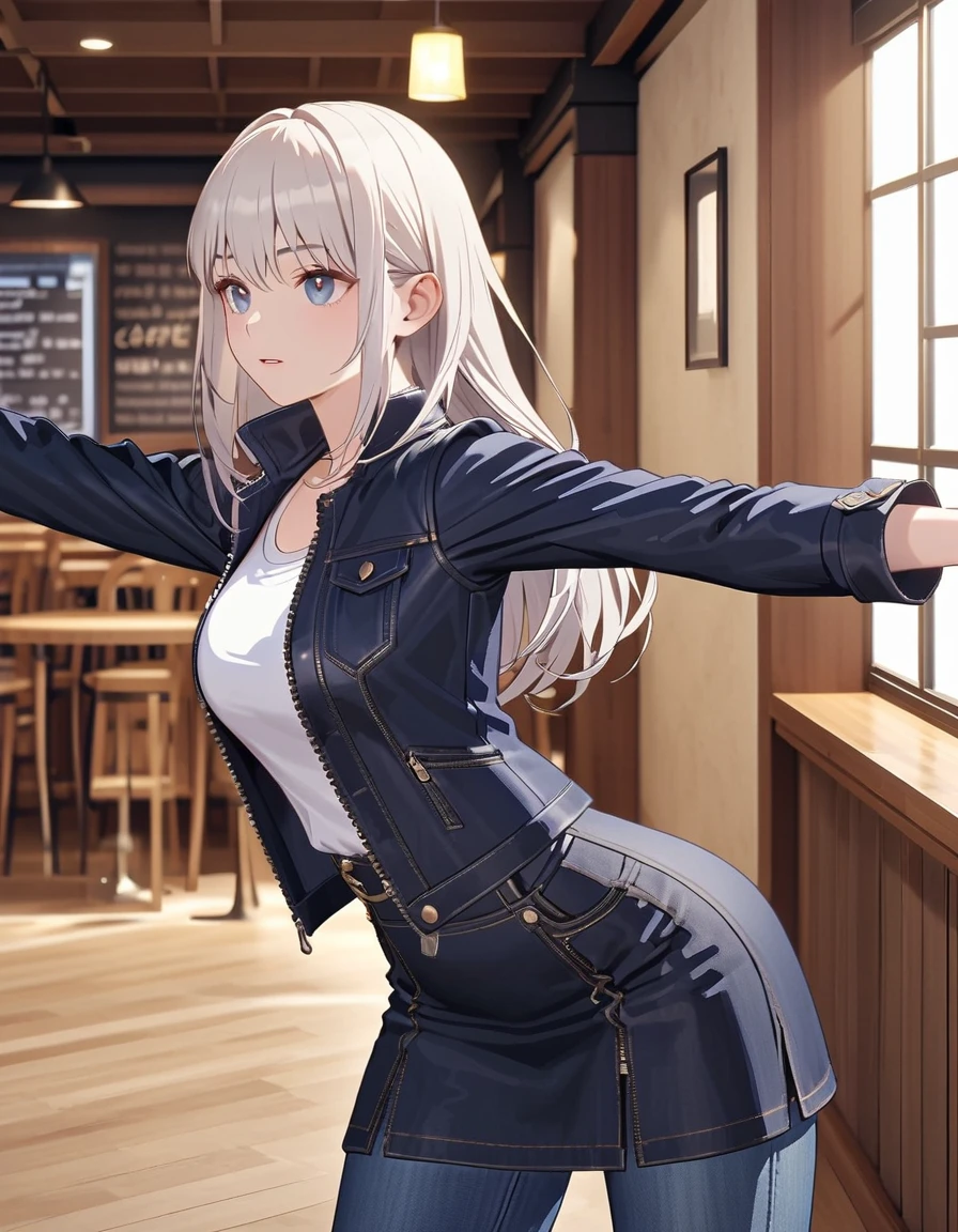 Blue bright eyes, short white hair, short skirt, cafe, jeans jacket, standing pose, ultrasharp, highres, 8k