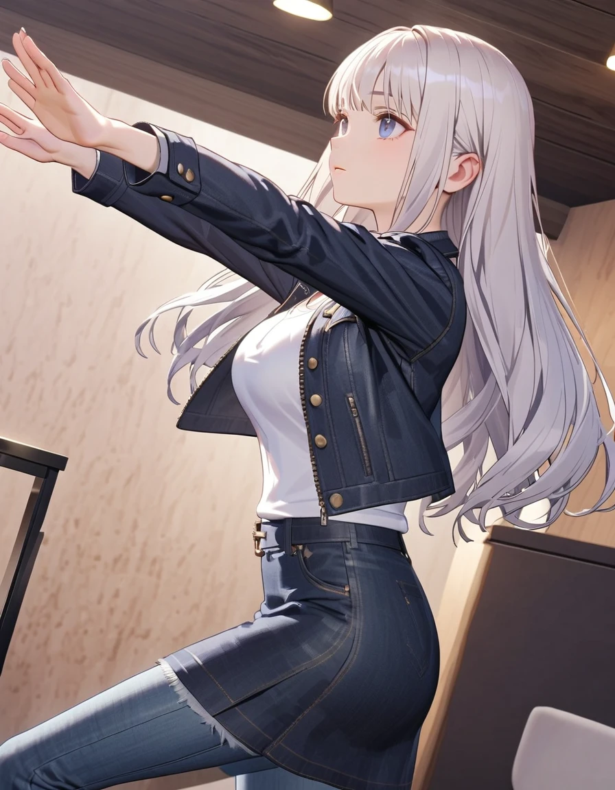 Blue bright eyes, short white hair, short skirt, cafe, jeans jacket, standing pose, ultrasharp, highres, 8k