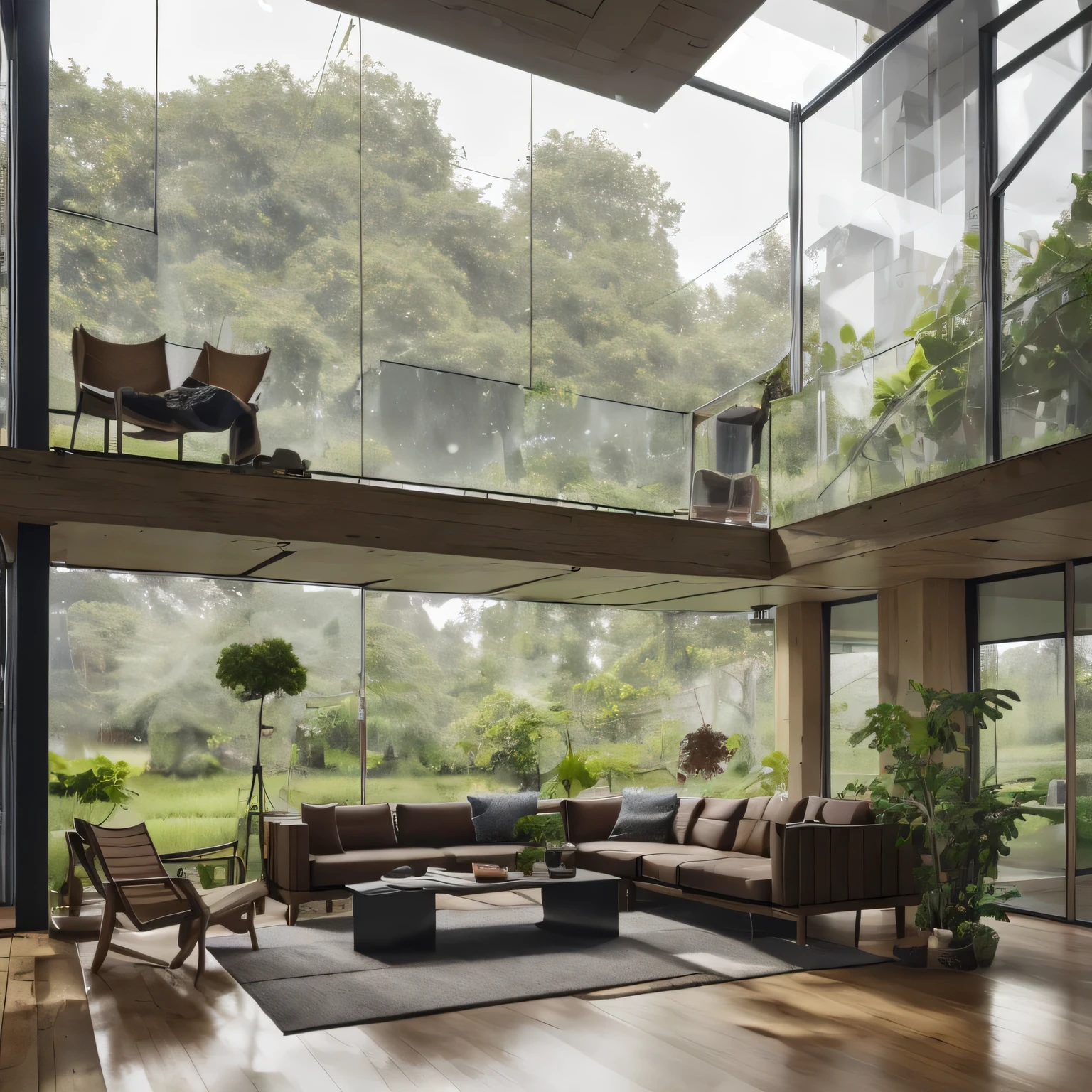 8k,32k,highest quality, Chair, sofa, plant, Fresh green scenery, Rainy weather, Disorganized, composition, cup, interior, Floor-to-ceiling windows, Wooden floor, living room, Dark brown