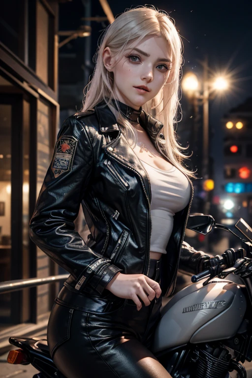 blonde kurze Haare, leuchtend blaue Augen, white pale skin, ((Katherine Winnick)), portrait, full Leder Kleidung, Bikerkleidung, thin nose, thin chin, dunkle Nachtszene, Motorradclub, Hochdetaillierte RAW-Farbgrafik, (Detaillierte Haut, Hauttextur), (Muskel), komplizierte Details, feine Details, hyperdetailliert, Raytracing, Untergrundstreuung, diffuses, weiches Licht, roter und blauer Scheinwerfer, von Jeremy Mann, Greg Manchess, Antonio Moro, trend at ArtStation, Trend bei CGSociety, kompliziert, hohe Detailgenauigkeit, scharfer Fokus, dramatische und fotorealistische Malkunst von midjourney, Bokeh im Hintergrund, Motorradclub jacket, best quality, Meisterwerk, only 1 girl, close up portrait, nacht dunkel umgebungs, schau dir den Betrachter an, Lederjacke, Leder Kleidung, Night Street, 
