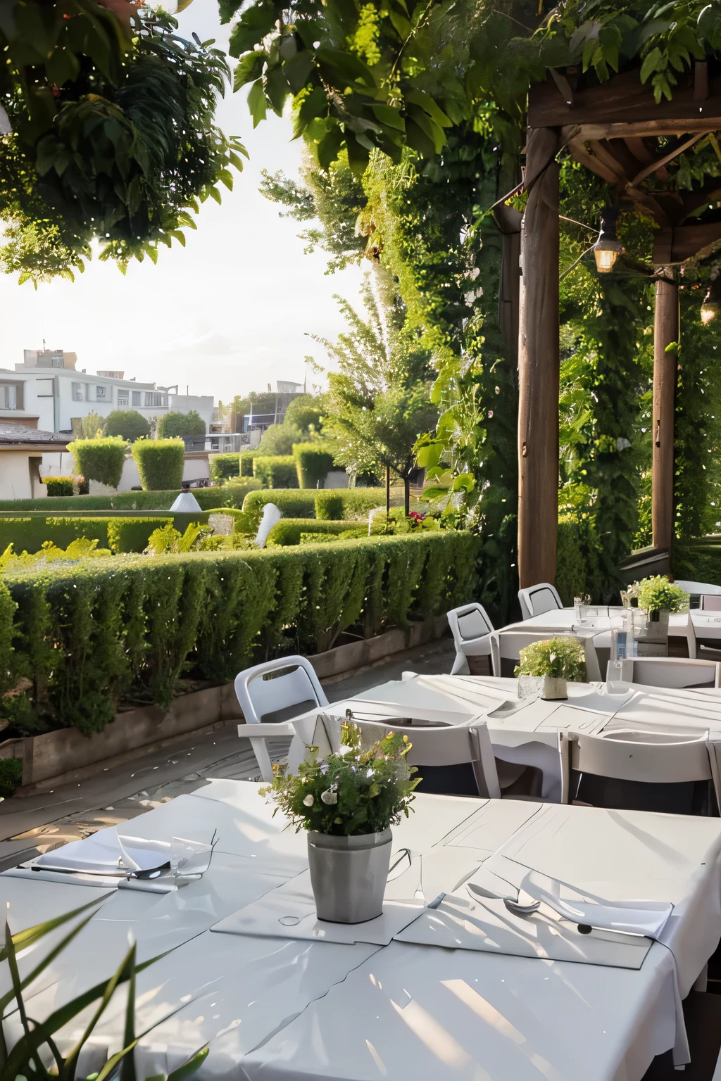 realistic restaurant with garden , white tables
