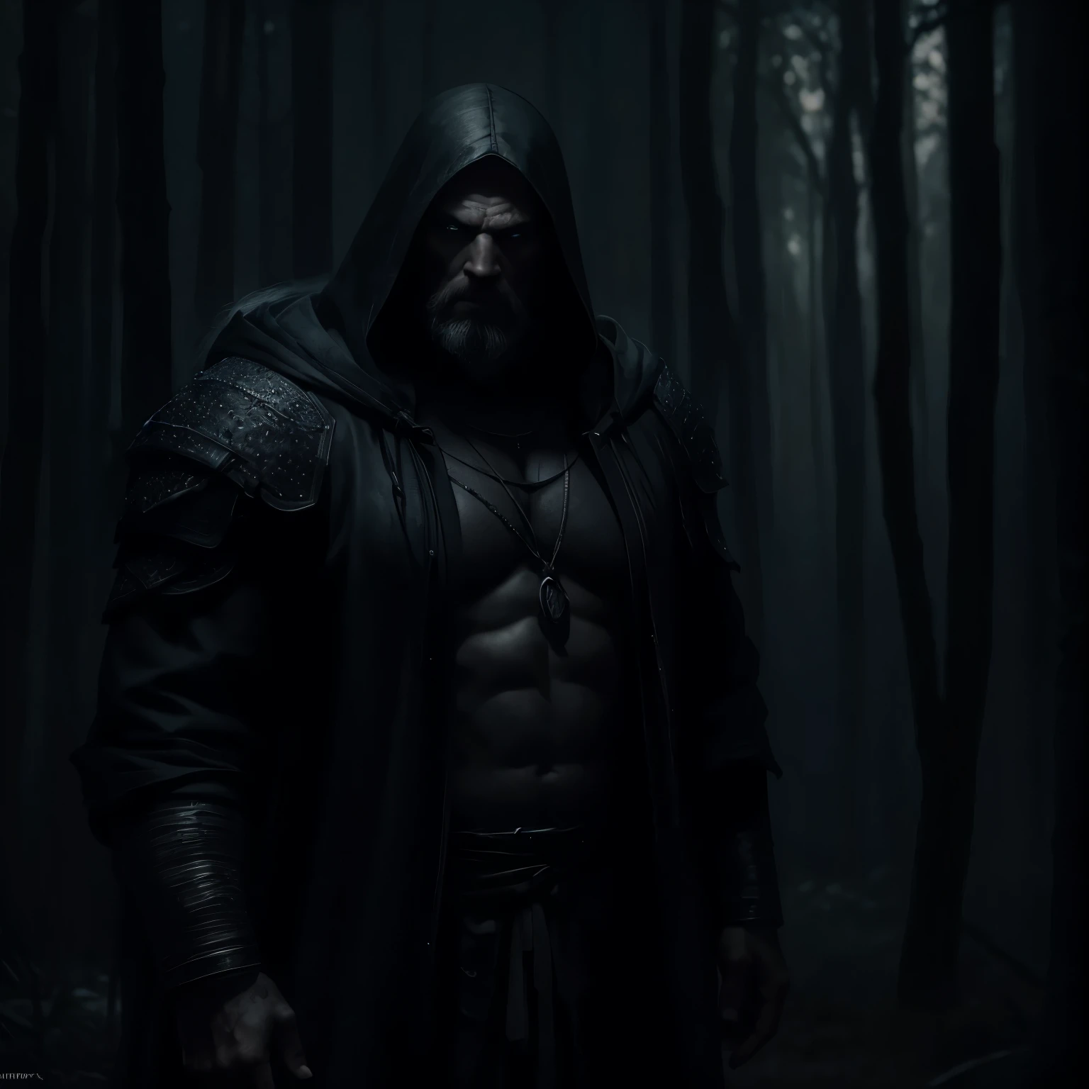 arafed big strong man viewed in profile in a hooded jacket standing in a dark forest, strong nordic viking, dark fantasy concept art, dark concept art, dark fantasy character design, dark cinematic concept art, the witcher concept art, beastman concept, photorealistic dark concept art, muscular werewolf,, dark fantasy style art, berserker potrait, the allfather, tuomas korpi and wlop