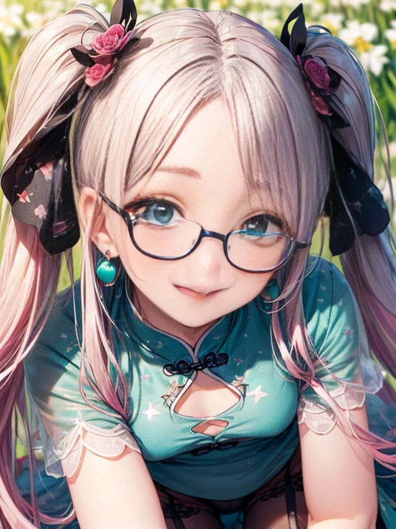 小さなgirl、Small breasts、The arrival of spring、Thick thighs、 (alone:1.5,)Very detailed,Bright colors, Very beautiful detailed anime faces and eyes, Look straight ahead, ;d, Shiny_skin,girl, ((Silver long hair,The inner color is red 、Forehead is exposed.、Green Eyes、Glasses、Shiny hair, Delicate beautiful face, blush、(Turquoise Eyes), White skin, Valletta, Earrings,、blue flower field、(((Star pattern pink、See-through、Long China Clothing、Black bloomers)))、Twin tails、smile、smile、Face dyed red、Pink Garter Belt