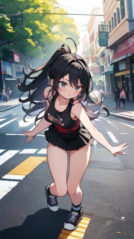 highest quality、Highest image quality、masterpiece、age girl((18-year-old、 Agar、vest bust、medium bust,wide open breast tea、Black eyes, black hair、long hair、slender,highest valley、cute makeup、Black short skirt、Red spats、fluttering hair、White navel tank top、chain accessories、DJ、headphones,break dance)),high quality、beautiful art、background((Live on the street、galleries)),muste piece、Depth of written boundary、movie、visual art、perfect art、