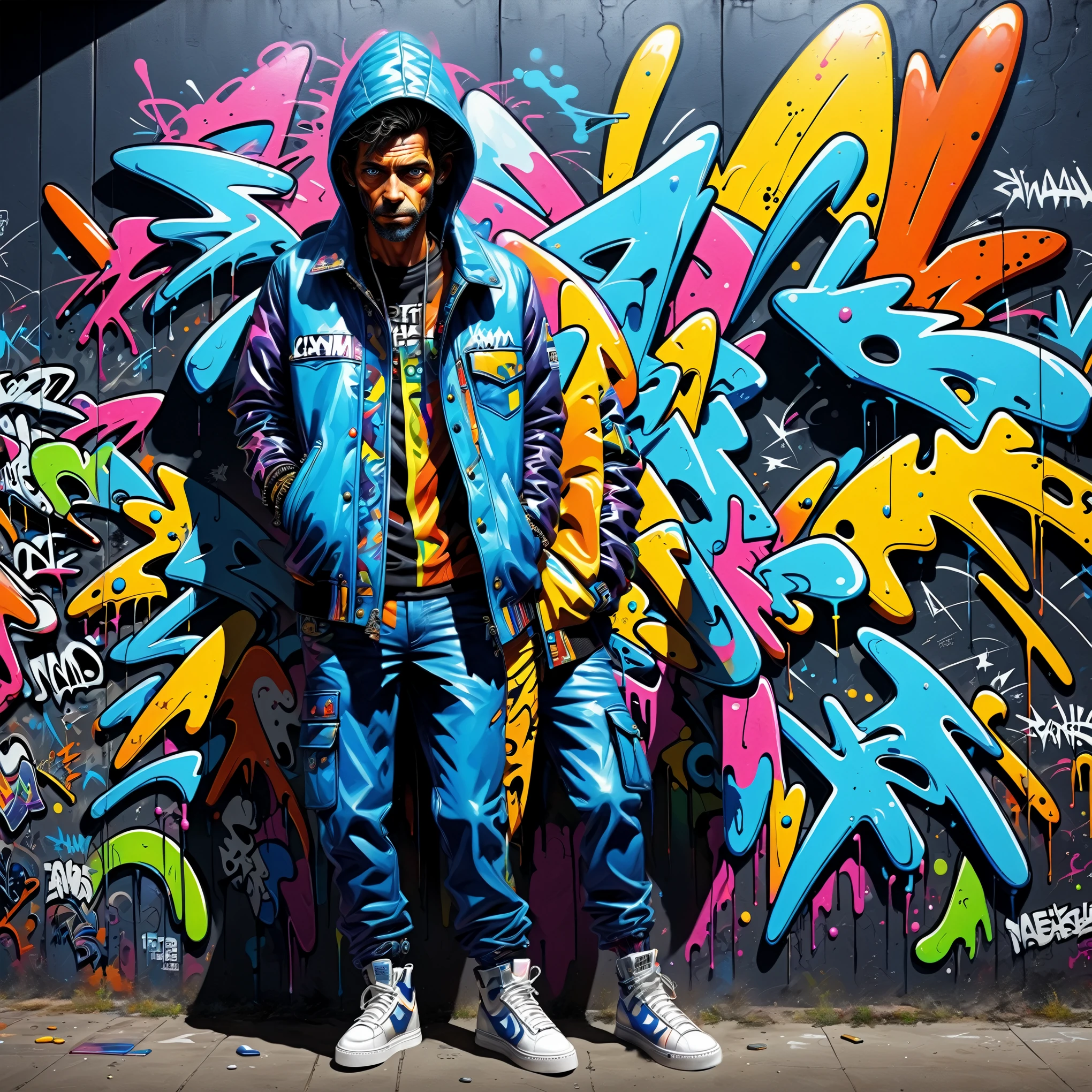 GROUND shot view , graffiti artist, wearing a jacket , REALIST style、beautiful picture, absurd amount of detail, SPRAY PAINT, (graffiti wall), hyper-detailed art、award-winning work, IMPACTFUL VISUAL, outdoor ARTWORK, CINEMATIC LIGHTING, ARTISTIC DETAILS, DYNAMIC SHADOWS ,ATMOSPHERIC EFFECTS, GRAFITI TEXTURES, HIGH-DEFINITION, IMMERSIVE ENVIRONMENT, SUBTLE COLOR GRADING, AUTHENTIC ATMOSPHERE, DETAILED TEXTURES, award winning ARTWORK, MASTERPIECE ARTWORK, trending on artstation, HDR, UHD, 4K, BY EDUARDO KOBRA.