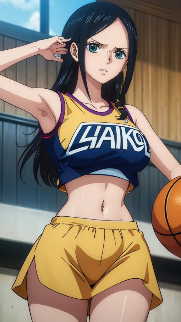 a close up of a person wearing a basketball uniform, a picture, inspired by Kentaro Miura, trending on pixiv, Nico Robin, One Piece, wearing yellow nba jersey, yellow croptop nba jersey, wearing a low cut croptop, wearing croptop, croptop, the word "Lakers" on the croptop, golden raito, (winking), shirobako, large)}], favorite scene, fine details. anime. skins, sweating, big breasts, both hands raised, armpits, armpits visible, dripping with sweat, more more sweat, sweaty armpits