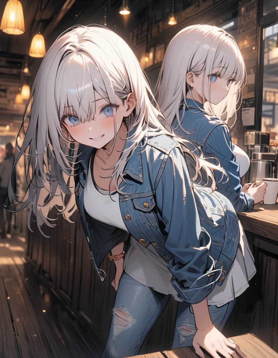 Blue bright eyes, short white hair, short skirt, cafe, jeans jacket, standing pose, ultrasharp, highres, 8k, expressive face, beautiful face