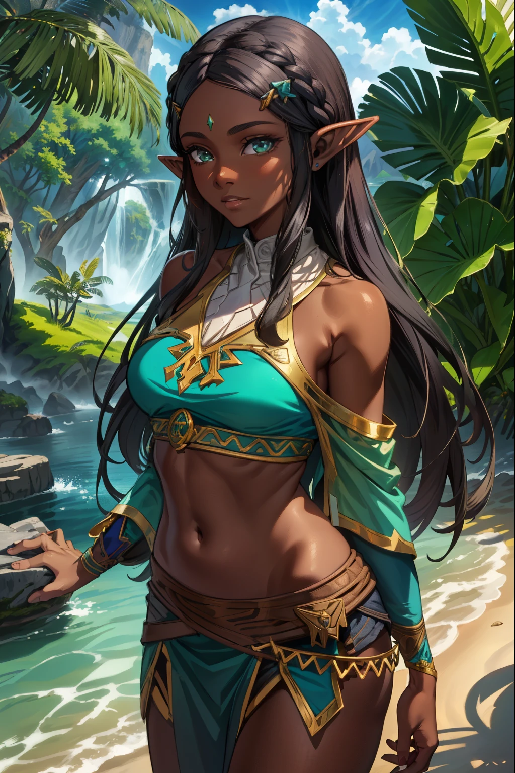 aazelda, long hair, pointy ears, dark skin, (extremely detailed CG unity 4k wallpaper),(masterpiece),(best quality),(ultra-detailed),(best illustration),(best shadow),(absurdres),(detailed background), Tropical island, Native girl, Black hair, Tribal outfit, 