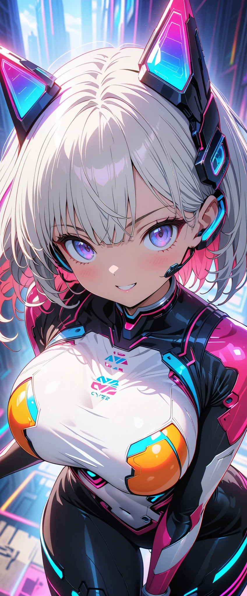 (Anime artwork, Anime Style, Studio Anime, Very detailed, Latest, Vibrant, Anime Coloring, High Contrast, masterpiece:1.2, highest quality, Best aesthetics), (1 girl), ((Cyber Headset, Mechanical bodysuit:1.2, Cyberware:1.1)), Color Connection, Colored, Vibrant color scheme, colorful, Spot colors, (Big Tits 1.2), bent, (Captivating woman), (Grin:1.2), (Futuristic Background), (((chromatic aberration, Abstract, colorfulな背景))),